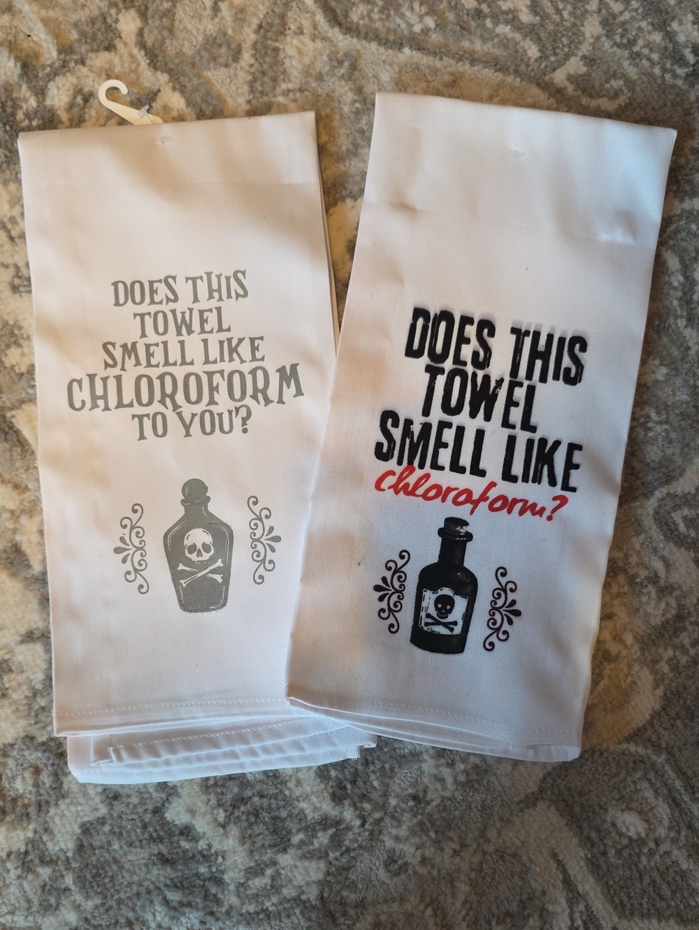 Set of 2 White Novelty Kitchen Towels - 'Does This Towel Smell Like Chloroform?'